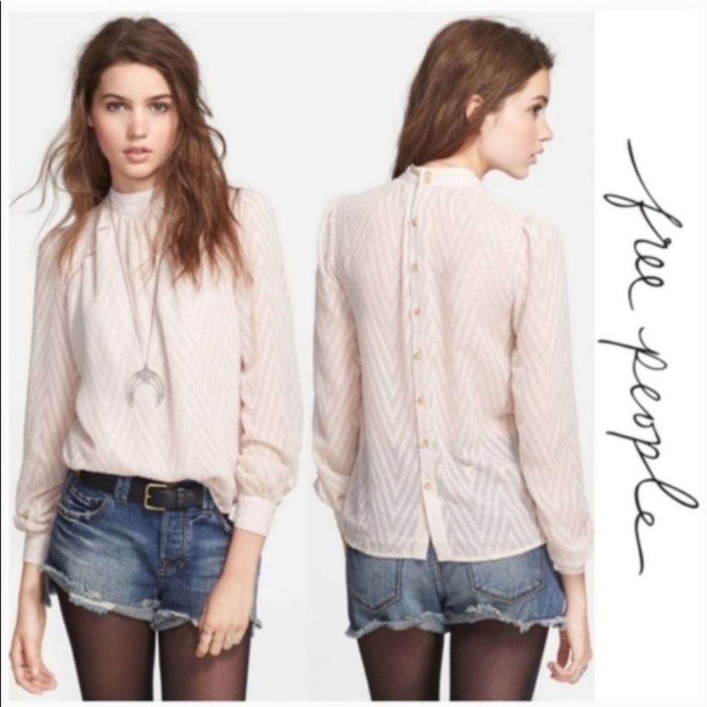 Free People Sheer Mesh Chevron Print Blouse Top - Picture 6 of 10